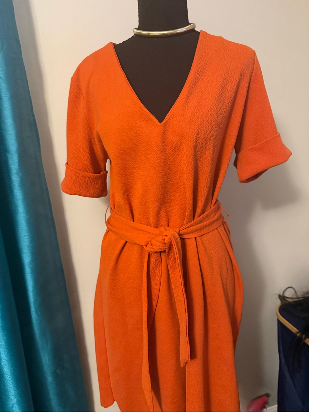 Zara V-Neck Belted Midi Dress in Bright Orange